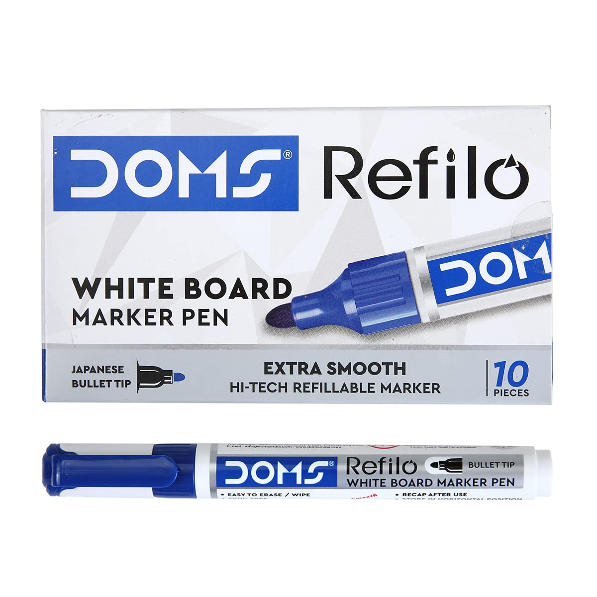 Doms Refilo Non-Toxic Hi-Tech Refillable White Board Marker Pen (Blue X 10 Set)